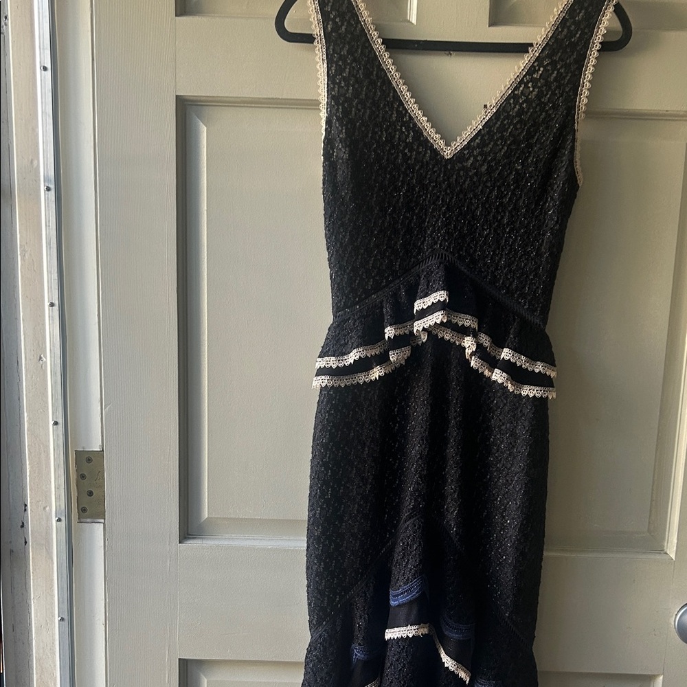 Jonathan Simkhai Black Lace V-Neck Peplum Midi Dress with White Trim